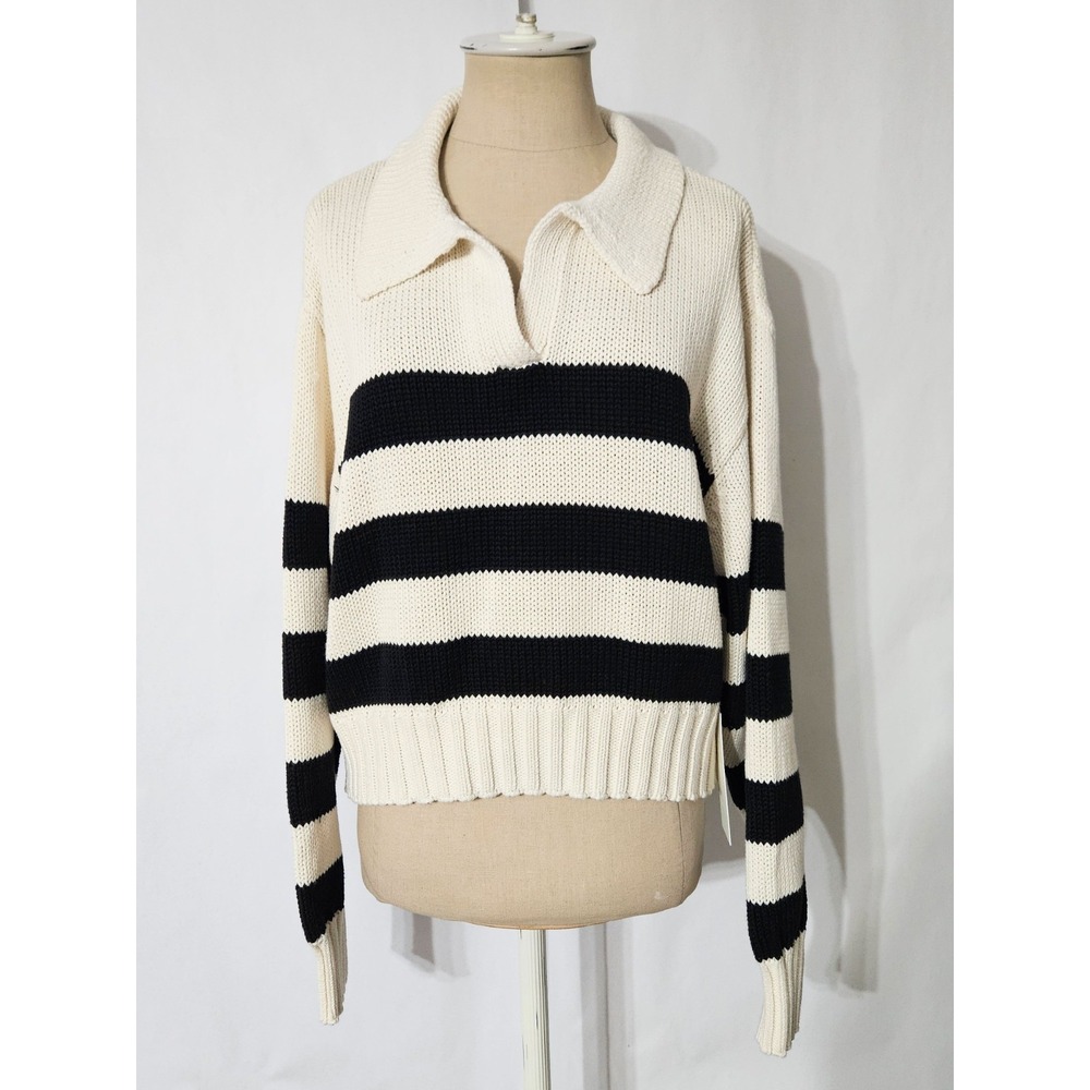 Calypso St. Barth 100% Organic Cotton Cropped Polo Sweater Blue & Cream Striped